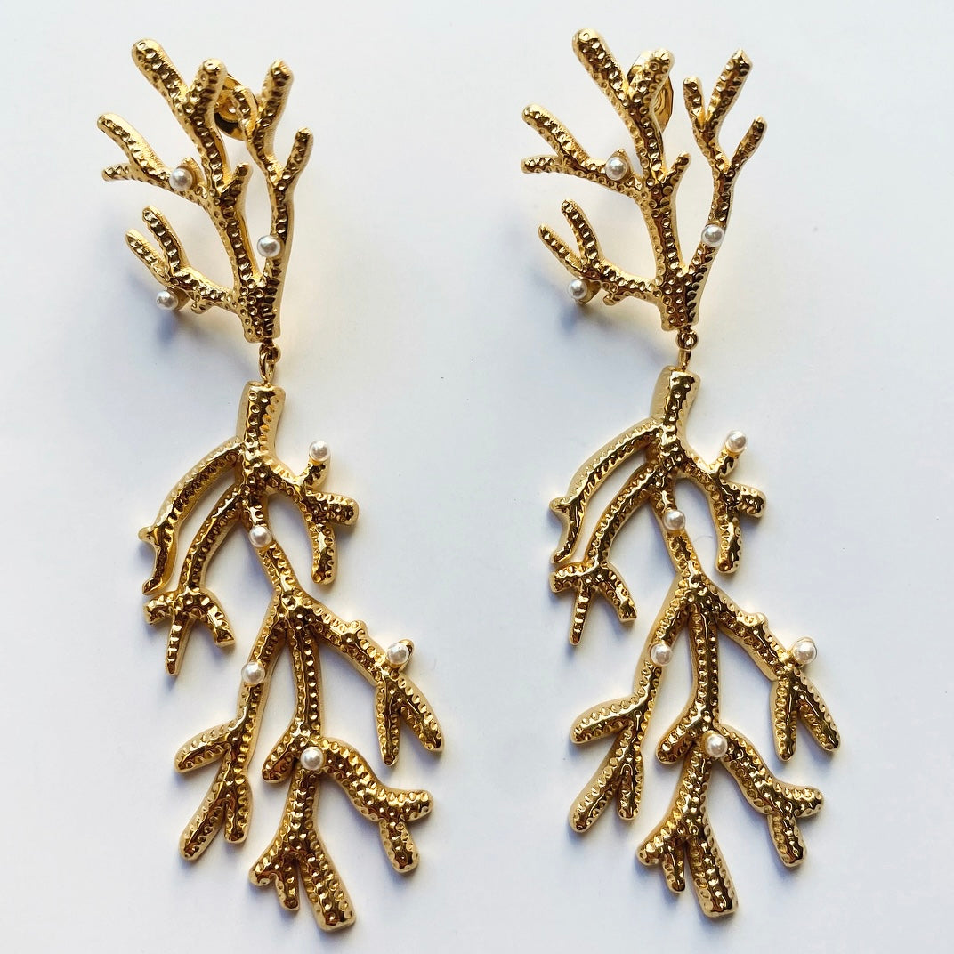 Lula Sea Jewellery, coral drop branch stud earrings gold