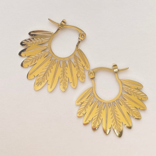 Lula Sea Jewellery, Fantail hoop earrings, 18k gold plated, earrings depicting the tail feathers of a native New Zealand bird, (the fantail) or (piwakawaka) Lula Sea jewellery New Zealand 