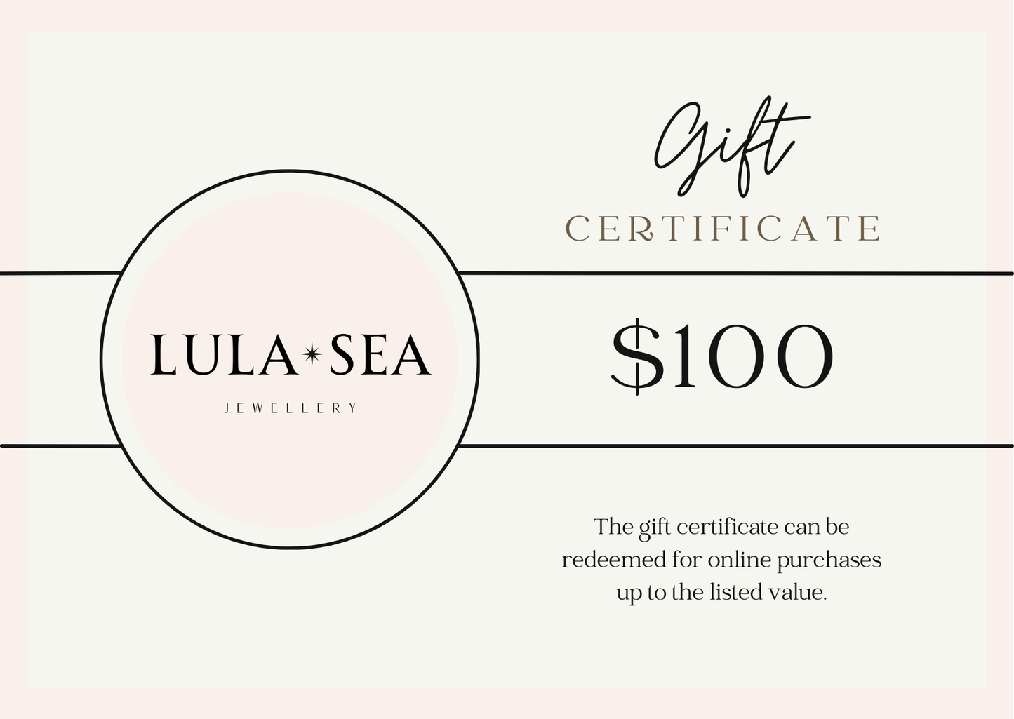 Lula Sea jewellery New Zealand, gift Card image denomination of one hundred dollars 