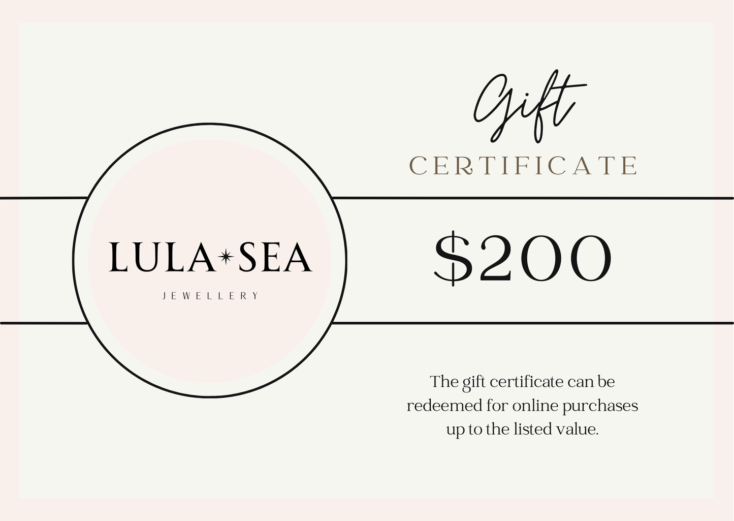 Lula Sea jewellery New Zealand, gift Card image denomination of  two hundred dollars 