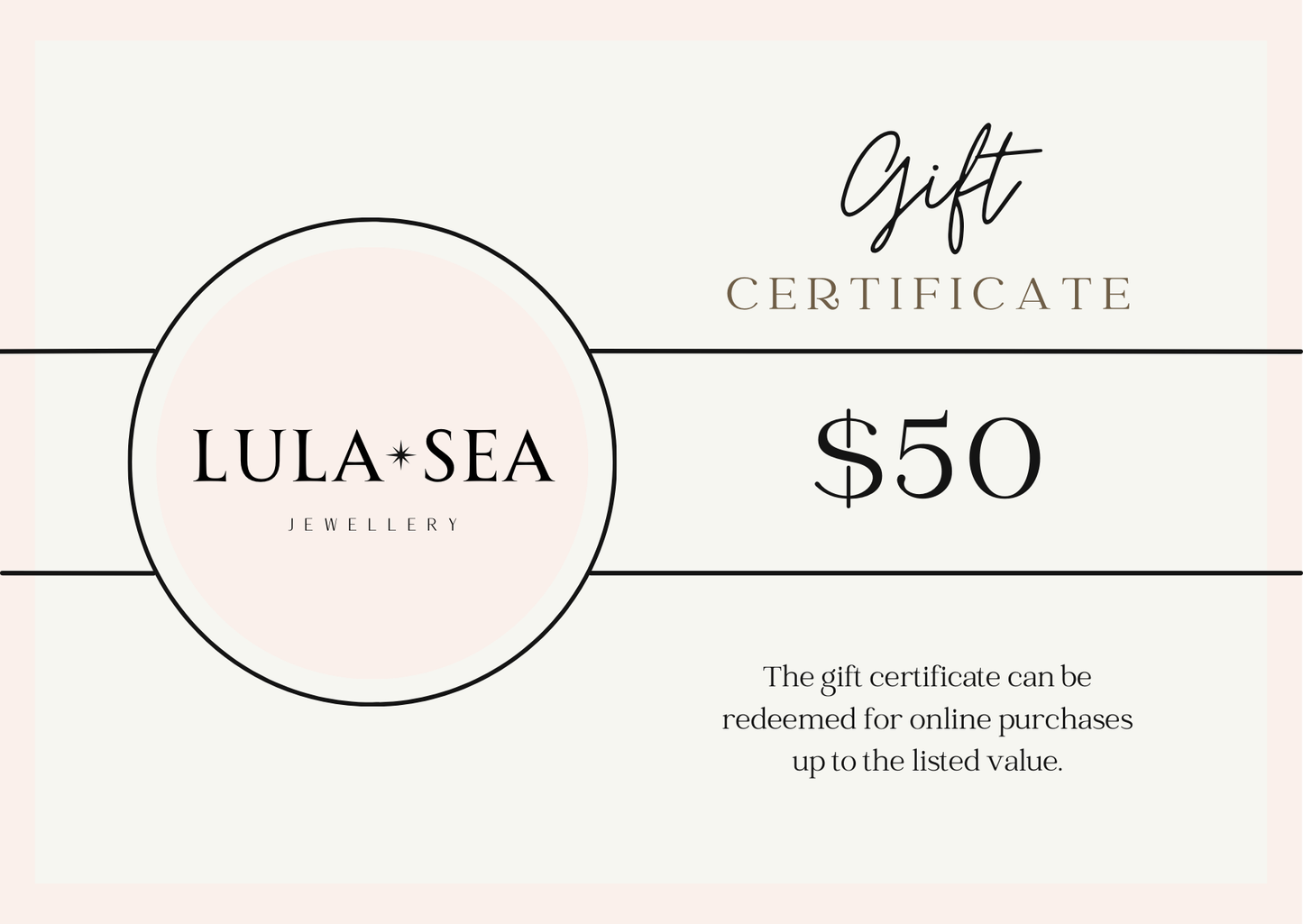 Lula Sea jewellery New Zealand, gift Card image denomination of  fifty dollars 