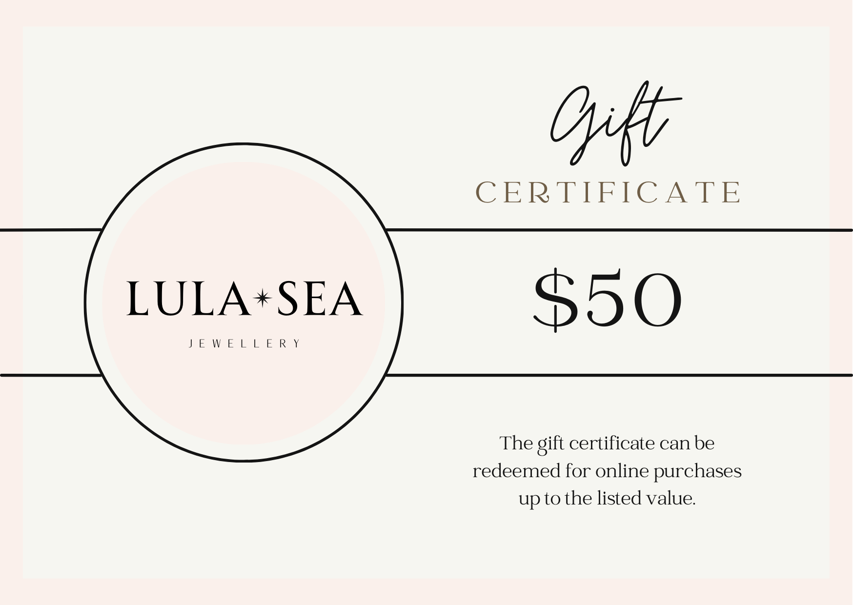 Lula Sea jewellery New Zealand, gift Card image denomination of  fifty dollars 
