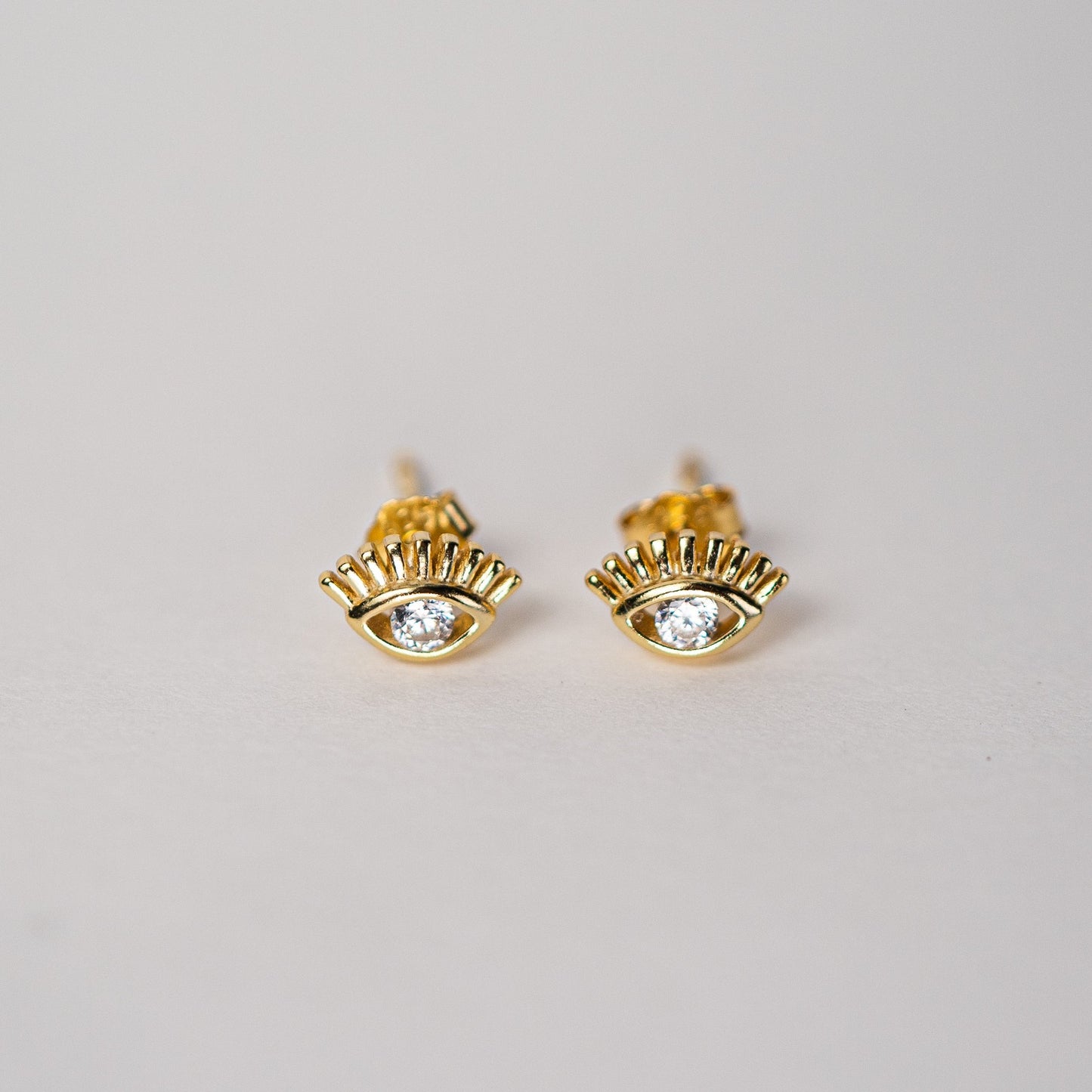 Lula Sea Jewellery, See no evil stud earrings in gold vermeil, delicate open eyes with cubic zirconias as eyes, Lula sea Jewellery New Zealand 