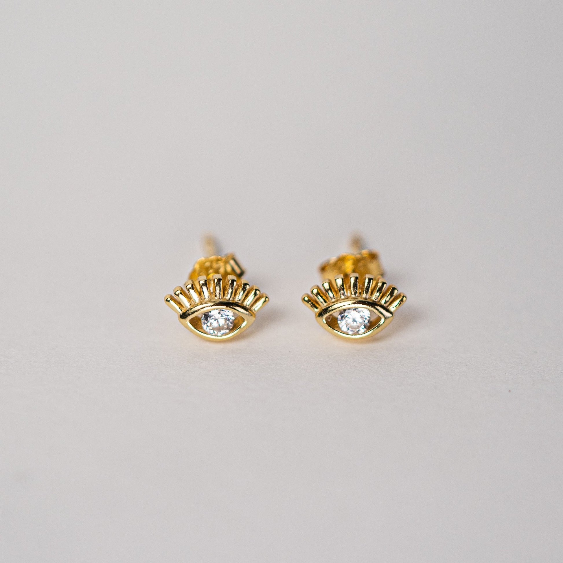 Lula Sea Jewellery, See no evil stud earrings in gold vermeil, delicate open eyes with cubic zirconias as eyes, Lula sea Jewellery New Zealand 