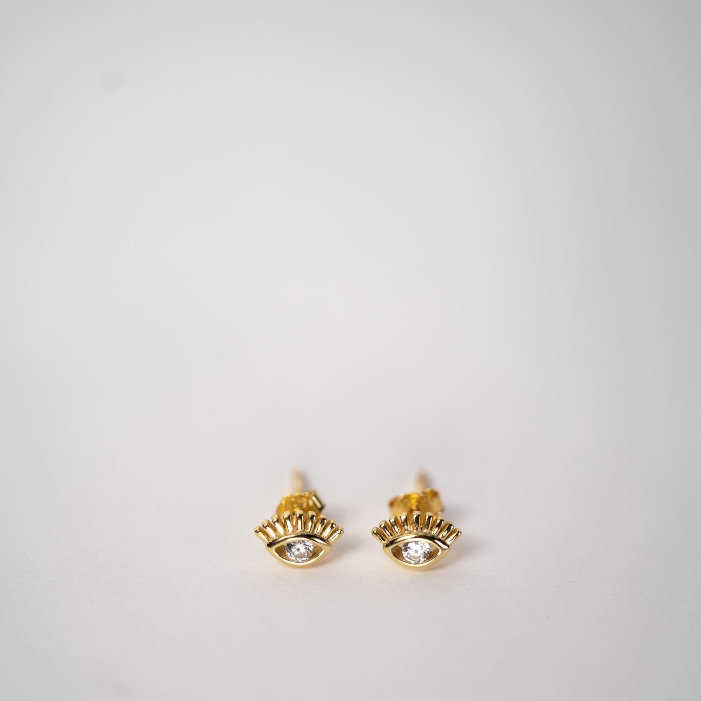 Lula Sea Jewellery, See no evil stud earrings in gold vermeil, delicate open eyes with cubic zirconias as eyes, Lula sea Jewellery New Zealand 