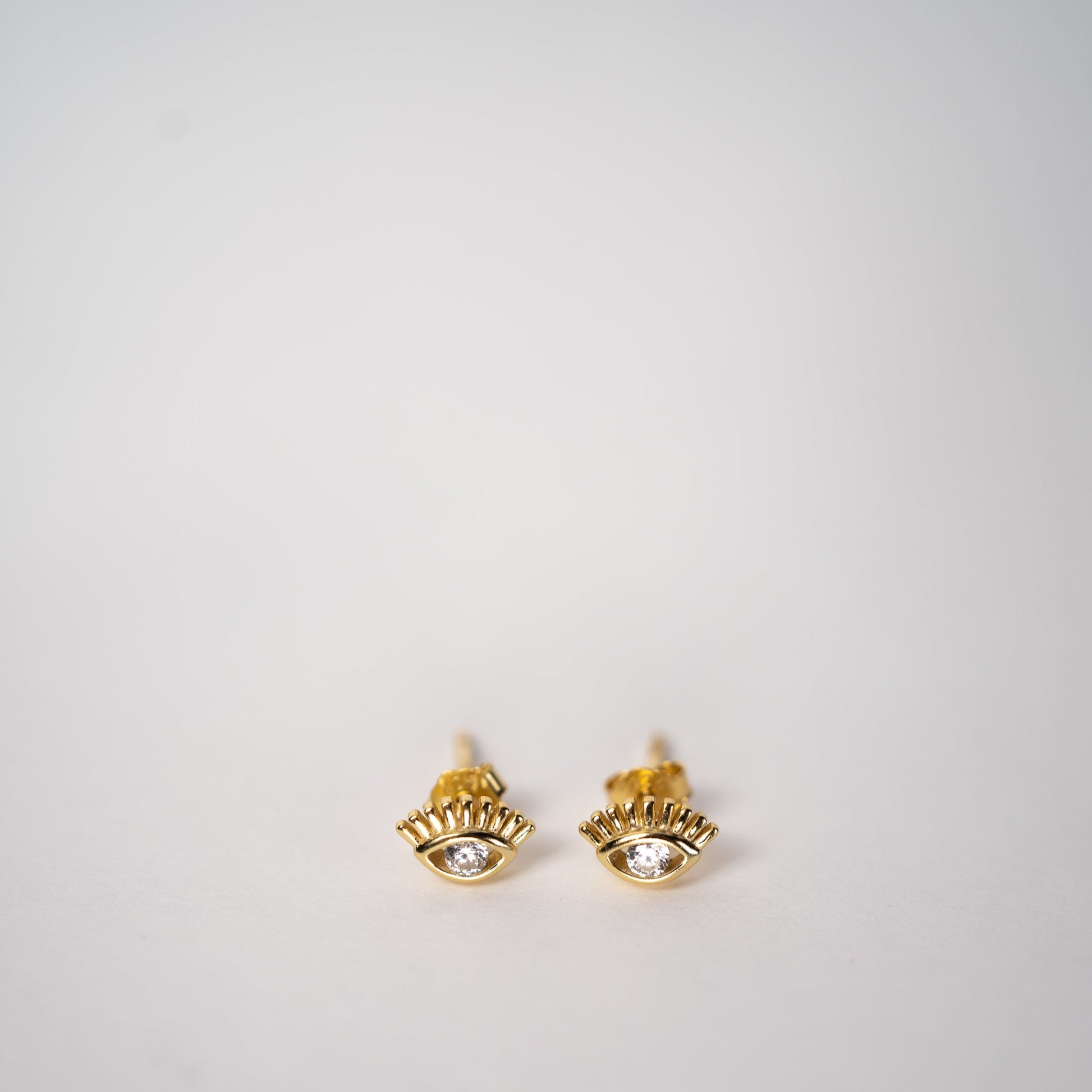 Lula Sea Jewellery, See no evil stud earrings in gold vermeil, delicate open eyes with cubic zirconias as eyes, Lula sea Jewellery New Zealand 