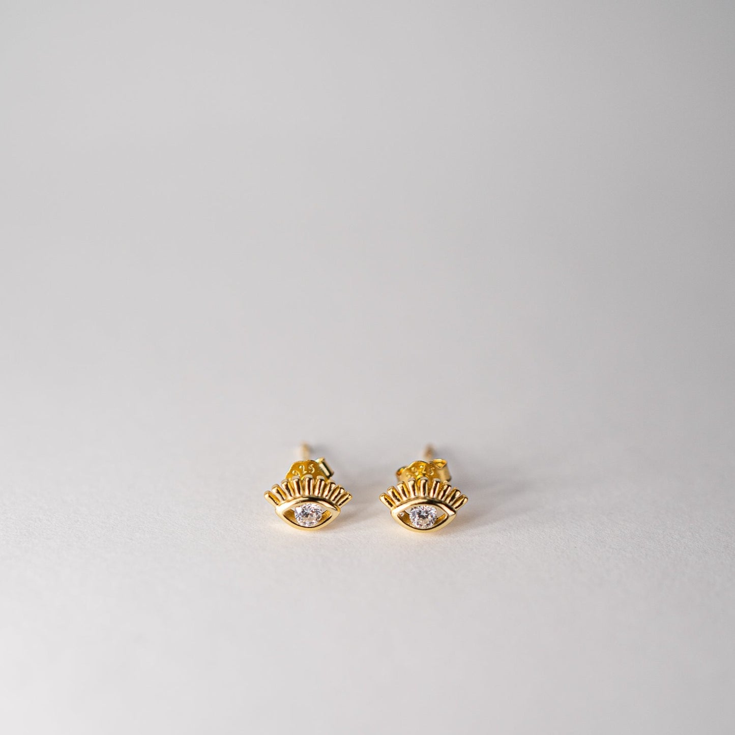 Lula Sea Jewellery, See no evil stud earrings in gold vermeil, delicate open eyes with cubic zirconias as eyes, Lula sea Jewellery New Zealand 