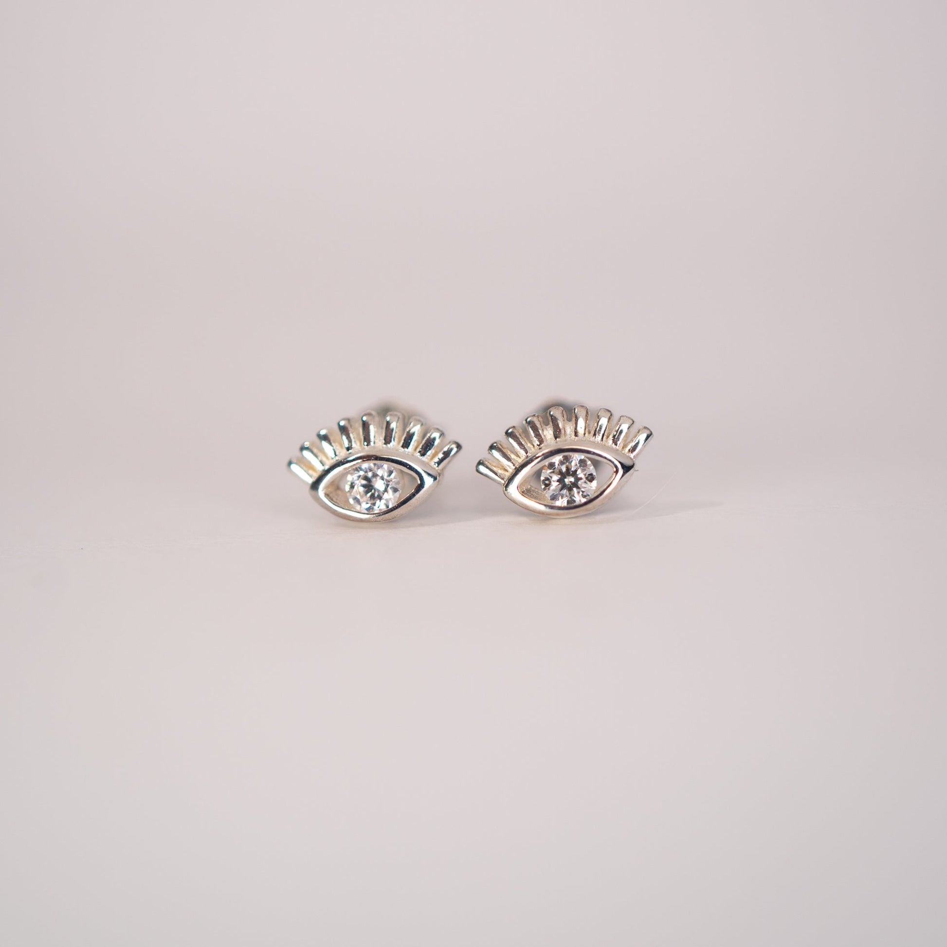 Lula Sea Jewellery, See no evil stud earrings in gold vermeil, delicate open eyes with cubic zirconias as eyes, Lula sea Jewellery New Zealand 